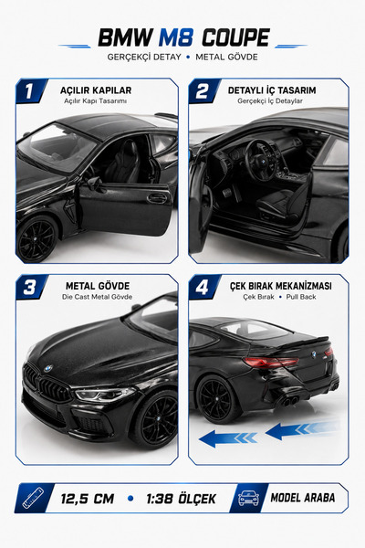 YILDIRIM OYUNCAK Die Cast BMW M8 Competition Coupe Model Araba 12,5cm – 1:38 Ölçek Metal Gövdeli Açılır Kapılı Çek Bırak Araba