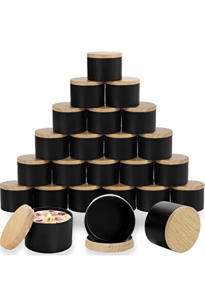 Generic 24PCS 4oz Black Candle Tins With Wood Grain Lids, Matte Jars for Cand...