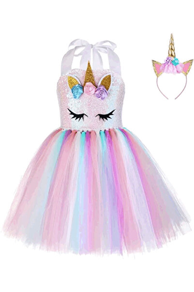 OEM Rochie de prințesă unicorn cu paiete pentru fete, cu bentiță, Carnaval/Ha...