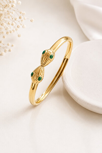 Archhazel Jewelery 316L Women's Steel Bracelet with Double Snake Head Emerald...