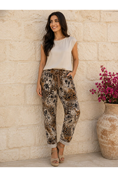 AGORATEKSTİL Women's Original Italian Full-Ligral Leopard Patterned Trousers ...