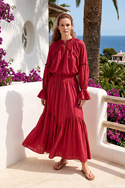 Merwishop Merwish Ruffle Detail Skirt Suit 1634 Claret Red