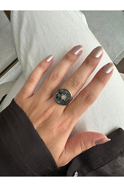ringbox Gold Steel Anti-Tarnish Natural Stone Larvakite Ring