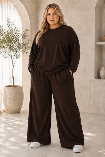 PENTHİLUS Women's Plus Size Long Sleeve Oversize Two-Piece Set with Wide-Leg ...