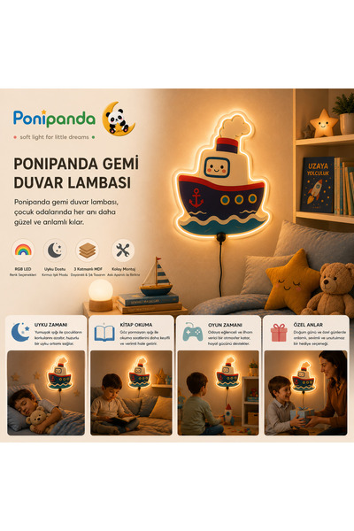 PONİPANDA GEMİ TASARIMLI RENK DEĞİŞTİREN RGB LED ÇOCUK ODASI DUVAR GECE LAMBASI – UZAKTAN KUMANDALI