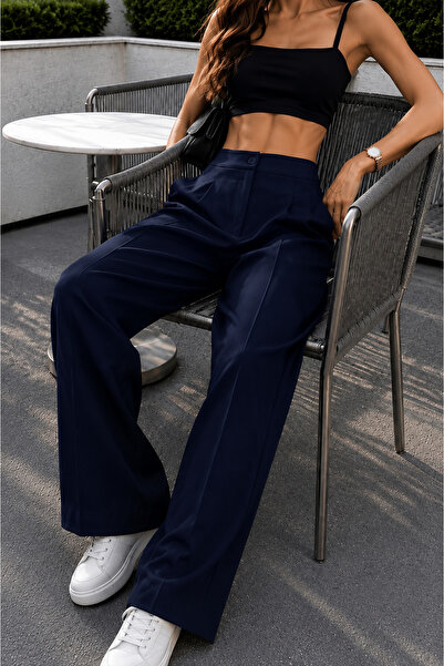 Sun Victoria Pantaloni Palazzo bleumarin cu talie elastică, croială originală...