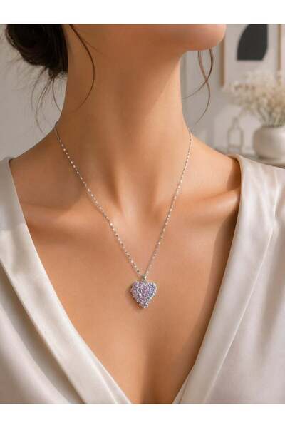 MARE BUTİK Pink Zircon Stone Heart Figured Steel Necklace – Silver