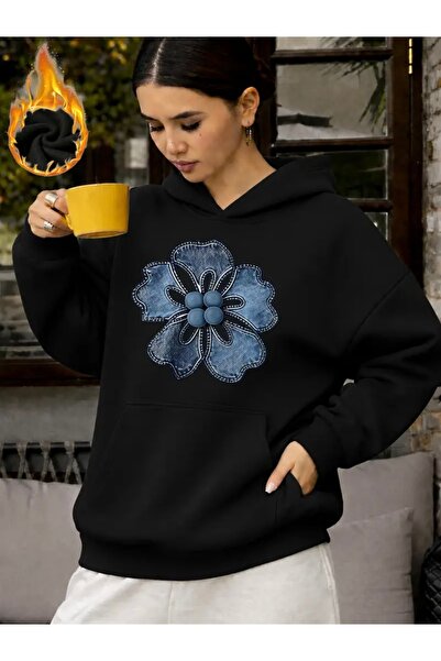 FUFLUNS Denim Pattern Flower Front Print Oversized Women's Hooded Sweatshirt
