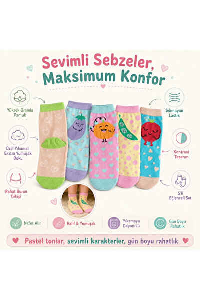 Genel Markalar 5'li Sebze Desenli Çocuk Çorap Seti Yüksek Pamuklu Rahat Burunlu Sıkmayan Lastikli