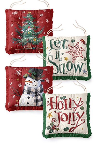 IdeCraft Christmas Themed Snowman and Pine Tree Patterned 4-Piece Fringed Pof...