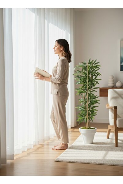 florayapaycicekcom Beyaz Saksılı Yapay Bambu Ağacı 150 cm