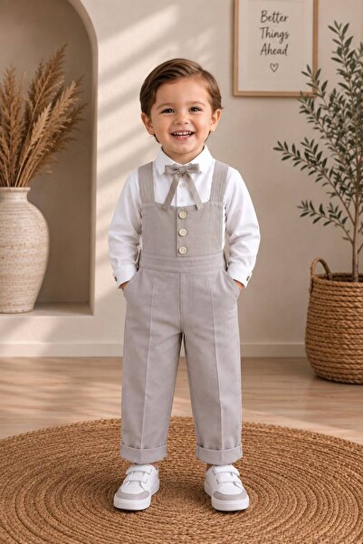 favorimkids Cotton Bowknot Detailed Gilet Overalls & Shirt 3-Piece Boys' Set