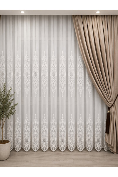 Damask Desenli Beyaz Tül Perde | Klasik Desenli Şık Tül Perde