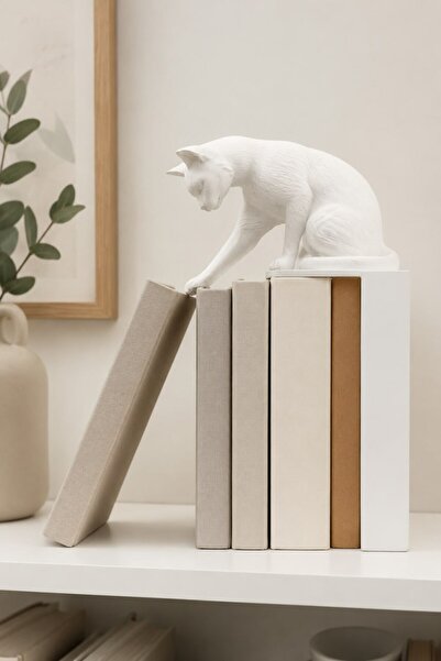 Figyfun Beyaz Kedi Figürlü Dekoratif Kitap Tutucu Modern Raf Masaüstü Kitap D...
