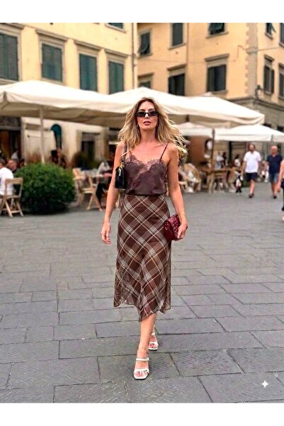 SLAW REZZ Plaid Patterned Midi Lined Chiffon Skirt