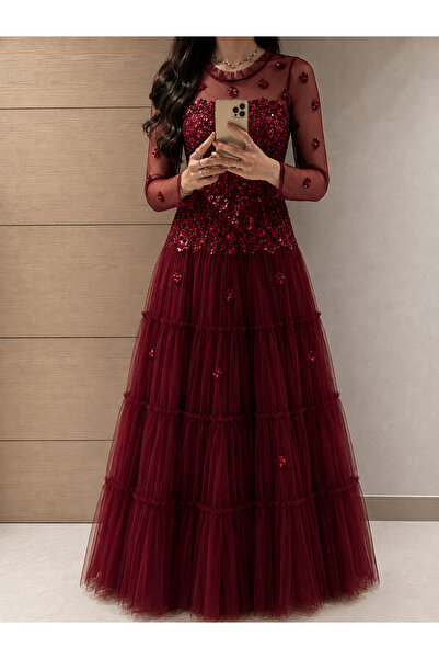 LITSHINA Elegant Luxury Tulle Evening Dress with Floral Sequin Embroidery