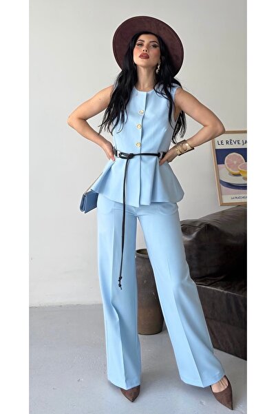 pembekurdelem Women's Belt Detailed Gold Buttoned Vest Trouser Set Baby Blue
