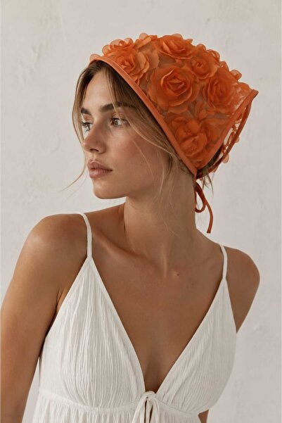 Handmade Betty Bands Women's Orange 3D Floral Appliqué Tulle Triangle Bandana...