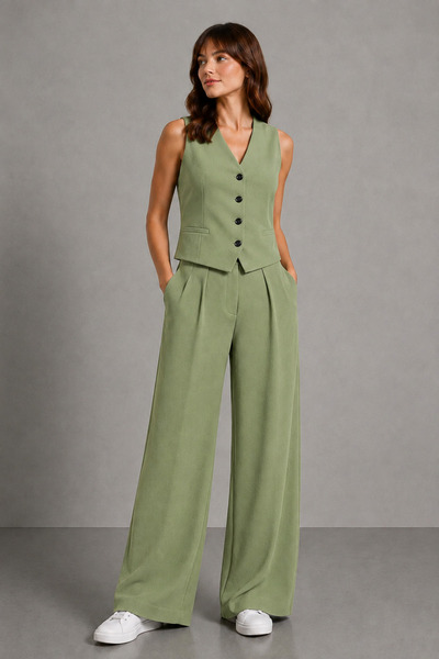 M&N Set verde pentru femei set cu vestă pantaloni palazzo – wide-leg Combinaț...