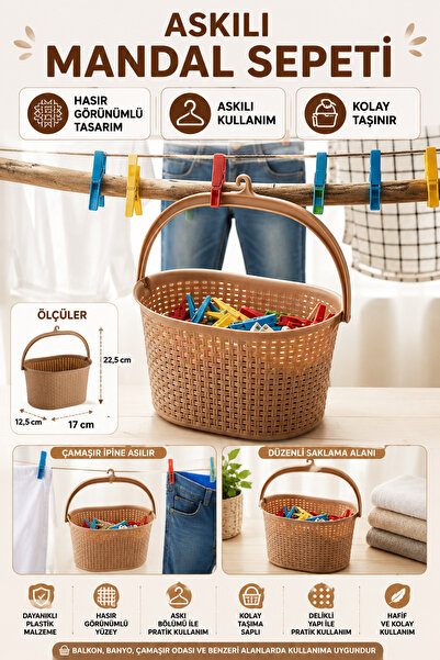 Hane Dostu Hasır Görünümlü Mandal Sepeti Askılı Taşıma Saplı Plastik Çamaşır ...