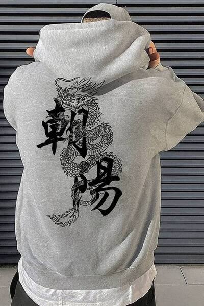 JANTIL MODA Unisex Oversize 3 Thread Yarn Kangaroo Pocket "Japanese Dragon an...