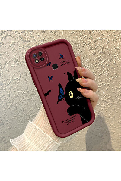 SLIMFELT Redmi 9C/10A Uyumlu Siyah Kedi ve Mavi Kelebek Desenli Silikon Telef...