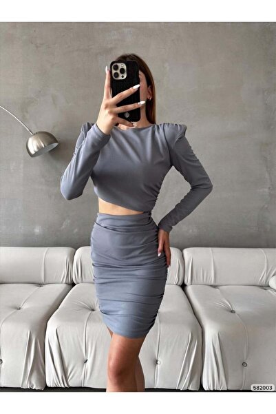 Modafeminen Vatka Detail Low-Cut Waist Mini Dress 582003 Gray