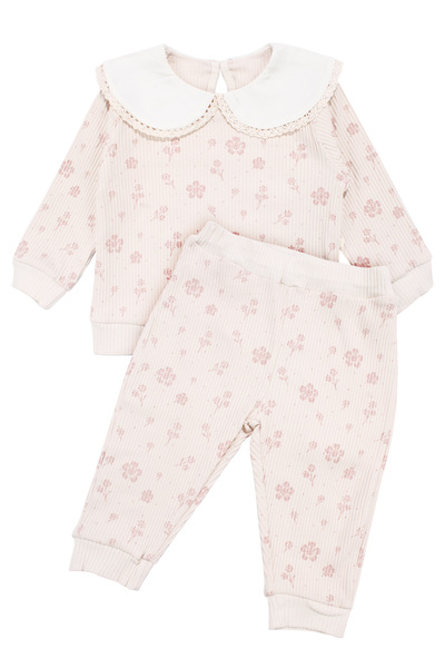 bebegen Baby Girl Beige Pink Corded Tiny Floral Printed Scallop Collar 2-Piec...