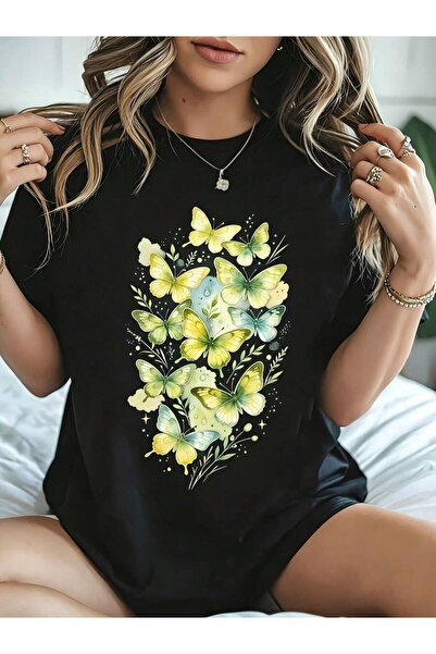 23ERVA Casual Artistic Women's T-Shirt Yellow Green Butterfly Floral Print Su...