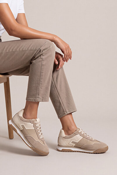 Marjin Kadın Süet & Paraşüt Detaylı Örgü Panelli Çok Parçalı Bağcıklı Günlük Sneaker Farote Bej Süet