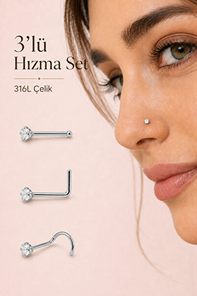 Sacce Scarves&Accessories 3'lü 316L Çelik Burun Hızması Seti 3 mm Zirkon Taşlı Düz L Kıvrımlı