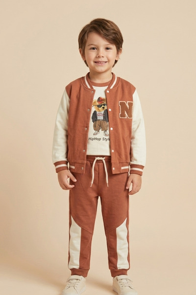 zumino Boys' College Jacket Teddy Bear Printed 3-Piece Tracksuit Set