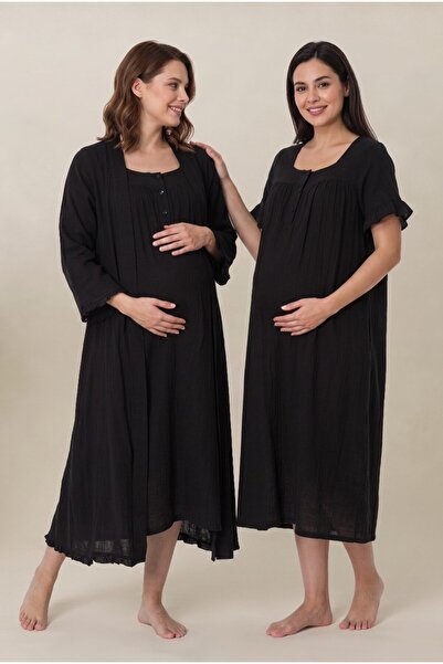 Pelin Women's Black Muslin Cotton Fabric Short Sleeve Buttoned Maternity Nigh...