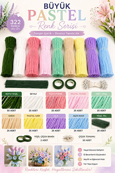 ASL ArtPaper Pastel Büyük Şönil Tel Yapım Seti 322 Parça 9 Renk DIY Hobi El S...