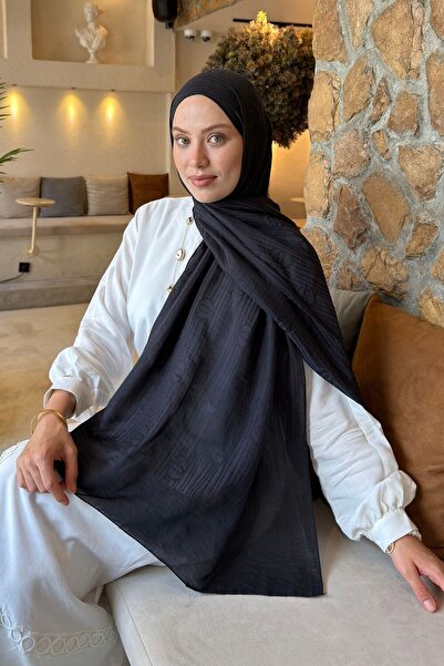 lamelif Line Gg Pattern Aura Cotton Jacquard Shawl Black