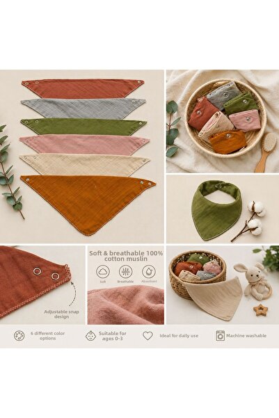 özdemirli bebe (6 Pieces) 100% Cotton Muslin Fabric Baby Drool Bib & Scarf wi...