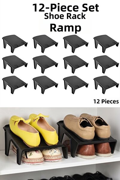 Meleni Home 12 Pcs Double Shoe Organizer - In-Cabinet Organizer Shoe Ramp Black