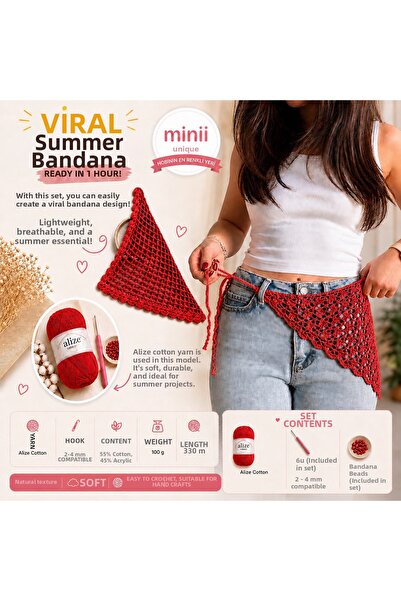 Minii Tuhafiye Knitting Bandana Making Kit – Cotton Red Thread, Crochet Hook ...