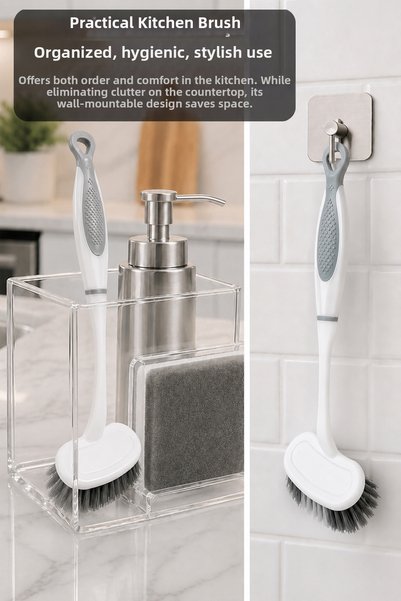 Meleni Home Hangable Kitchen Brush - Silicone Detail Dishwashing Sink Cleaning Brush