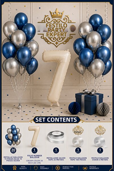 FESTİLO Metallic Blue Silver Birthday Concept 20 Balloons Cream Foil Number B...