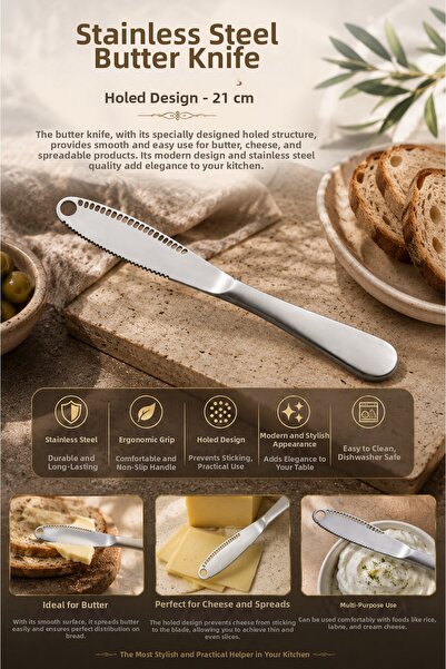 DİVAYS Stainless Steel Butter Knife 21 cm Perforated Cheese Cheddar Slicing K...
