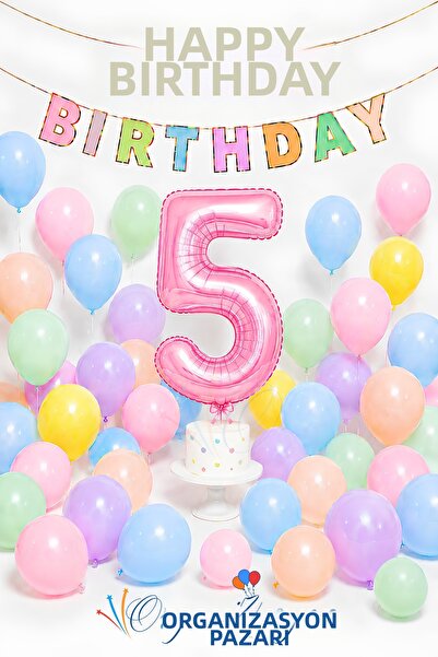 Organizasyon Pazarı 5 Year Birthday Concept Macaron Colors Pink Number Foil B...
