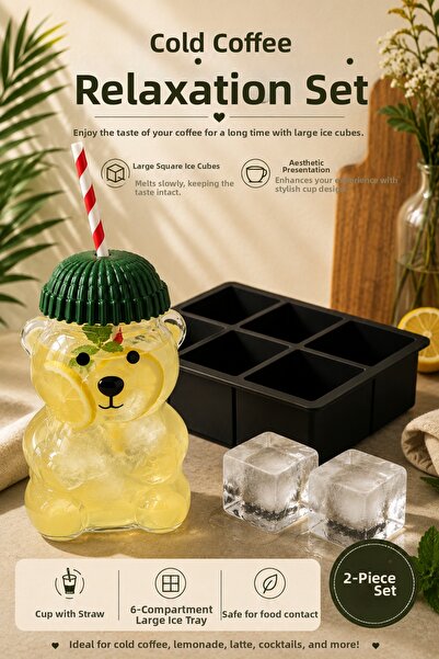 CKM silikon Teddy Bear Cup & Large Ice Mold Set (Ice Tray, Cup with Lid and S...
