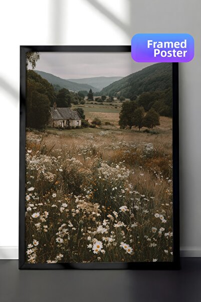 Zestia Vintage Wall Art Painting, Lonely Cottage in the Valley Black Framed N...