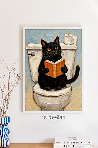 tablodea Black Cat Reading a Book Decorative Bathroom Painting Td Humorous Pi...