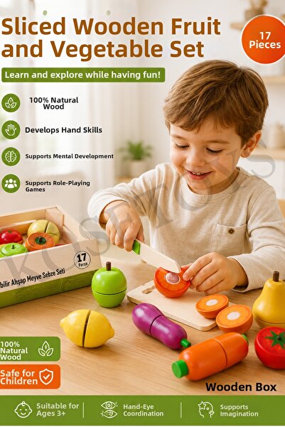 kosetoys Cuttable Fruit and Vegetable Set with Natural Wooden Case 17 Pieces