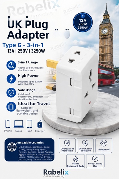 Rabelix Online Marketing Uk Plug Adapter Type g 3-Pin 13A 250V 3250W Uk Socke...