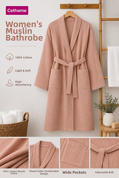 Weweus Çethome Pink Color Belted 100% Cotton Muslin Fabric Bathrobe