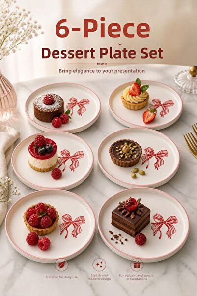 Akkoyunlu home Set of 6 Ceramic Dessert Plates with Red Bow Pattern and Pink ...