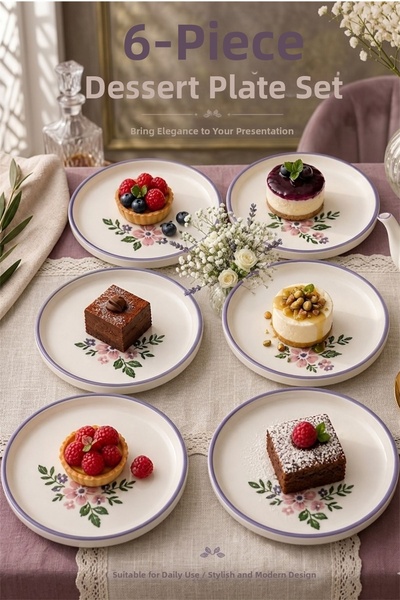 Akkoyunlu home Set of 6 Ceramic Dessert Plates with Lilac Ribbed Floral Patte...